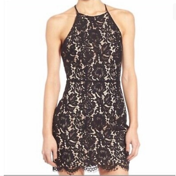 ASTR Black High Neck Sleeveless Sexy Lace Mini Dress Black and Beige Size Medium - Picture 1 of 9
